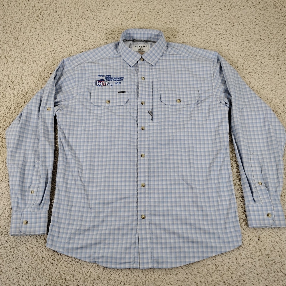 PONCHO Shirt Mens Medium Blue Plaid Regular Long Magnetic Pockets Wahoo Fishing